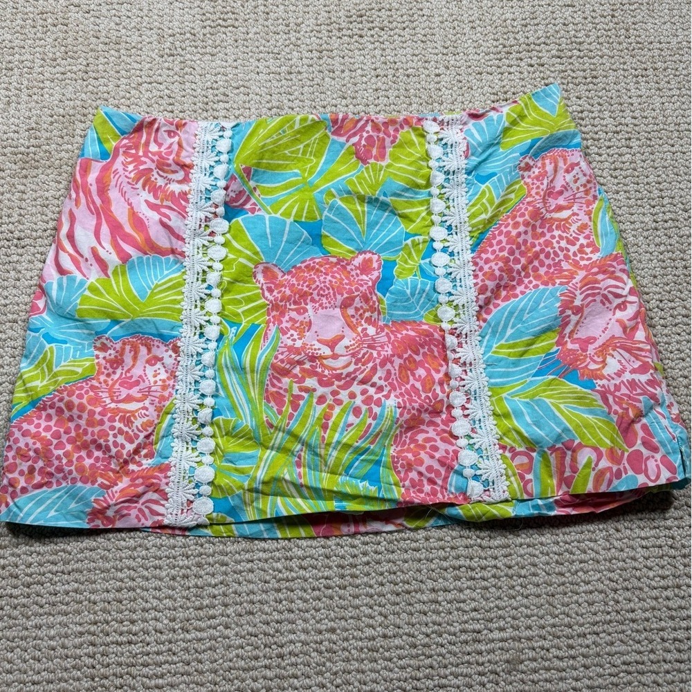 Lilly Pulitzer Mini Skirt Womens 12 Green/Pink Cheetah Leopard Tropical Print‎